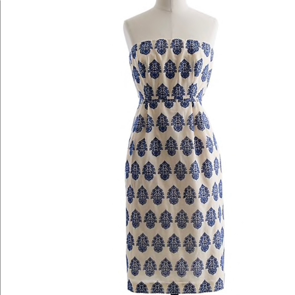 J.Crew Blue & Ivory Strapless Printed Dress – Size 6